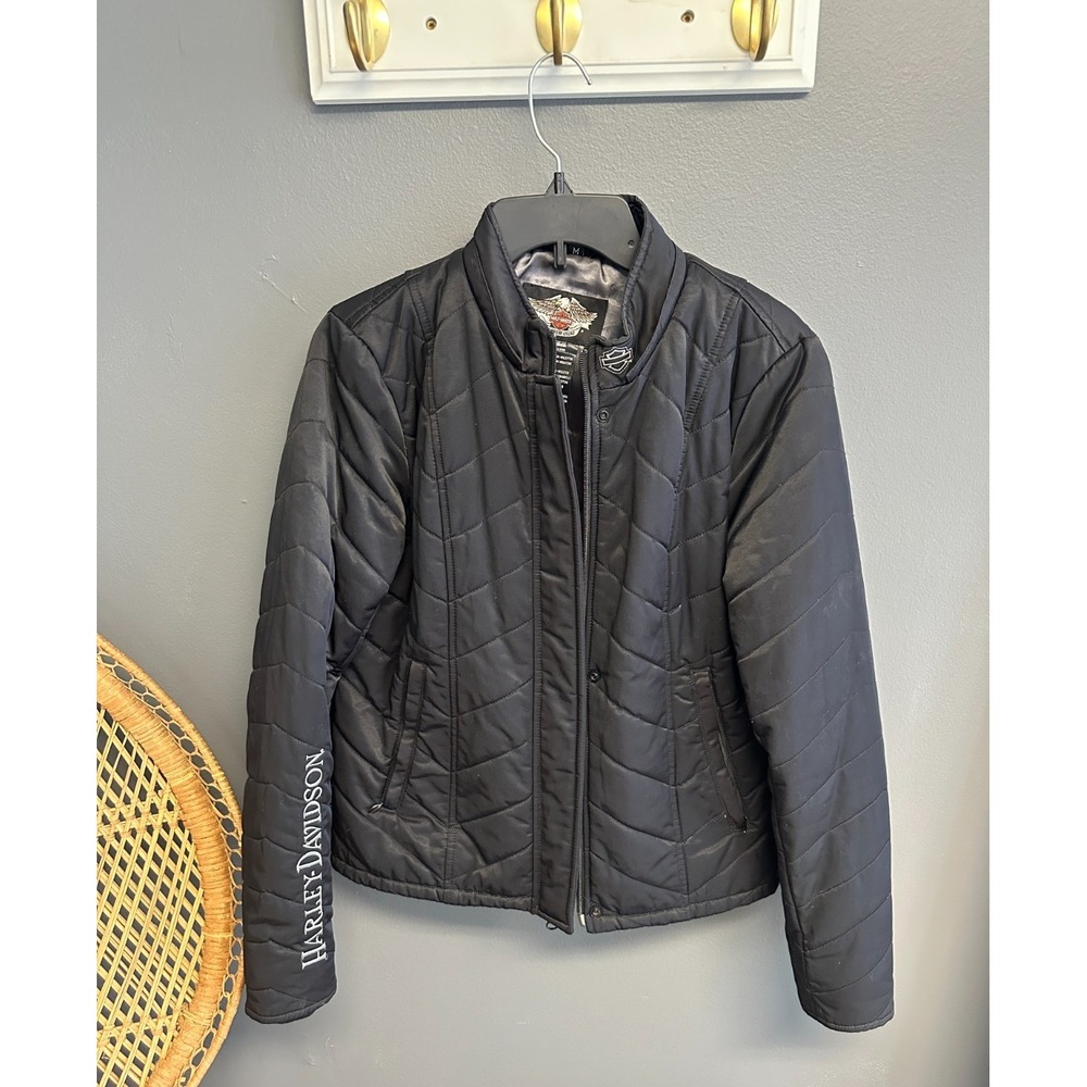 Harley Davidson Jacket Women's Size Medium Quilted Embroidered Lace Up Back Coat
